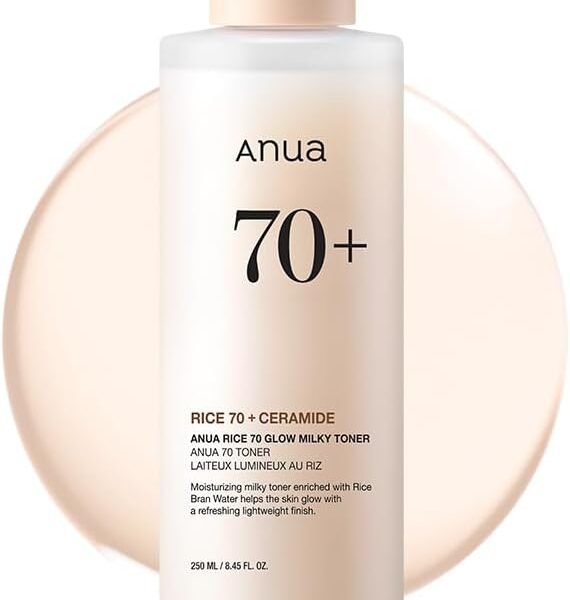 ANUA Rice 70 Glow Milky Toner, for Glass Skin, Rice Water, Niacinamide, Ceramides, Panthenol, Fragrance-Free, Non comedogenic, Fungal Acne Safe, Korean Skin Care, 250ml/8.45fl.oz.