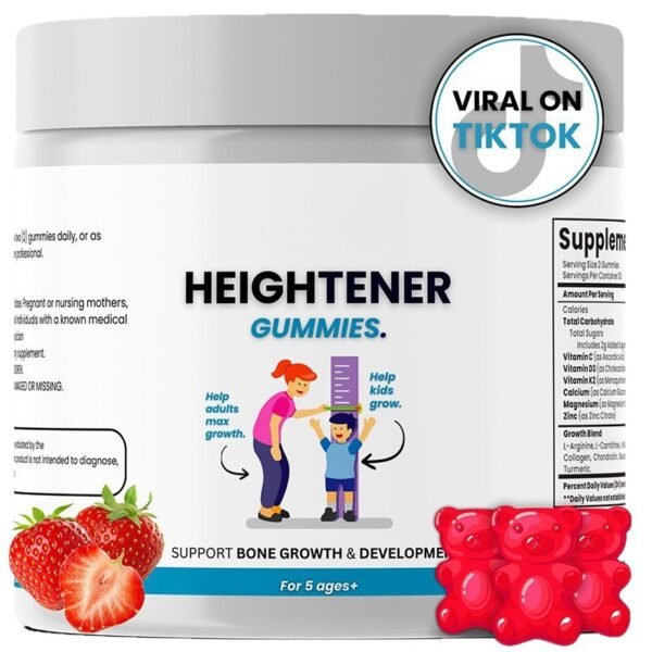 Heightener Gummies - Natural Height Growth Supplement for Kids, Teens and Adults to Increase Bone Strength and Grow Taller | Height Maximizer Pills with L-Arginine, Calcium & Zinc | 60 Gummy