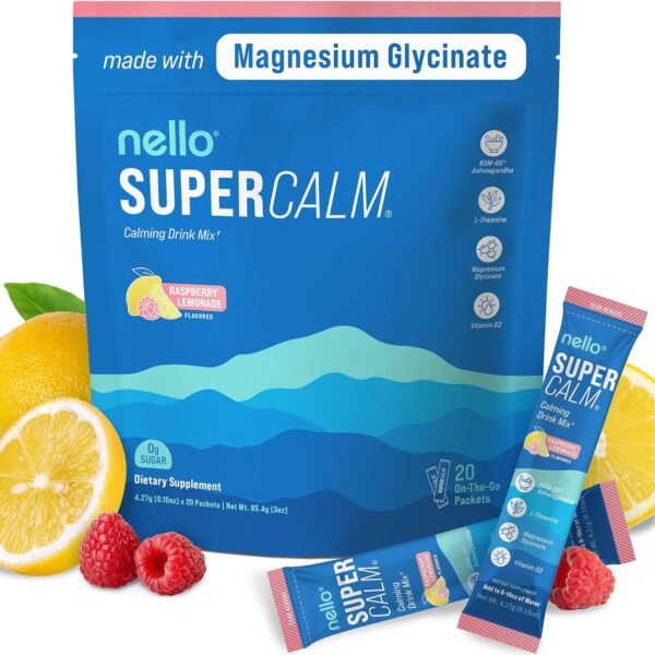 Supercalm Powdered Drink Mix, Raspberry Lemonade, L Theanine, Ksm-66 Ashwagandha, Magnesium Glycinate, Vitamin D 3, Supplements for Relaxation & Focus, No Sugar, Non GMO, On The Go, 20 Ct
